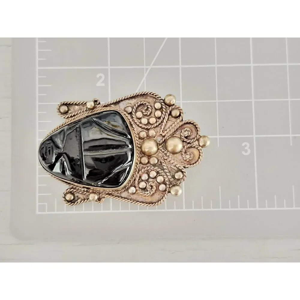 Vintage Mexican Sterling Silver Black Onyx Carved Face Mask Brooch Pin
